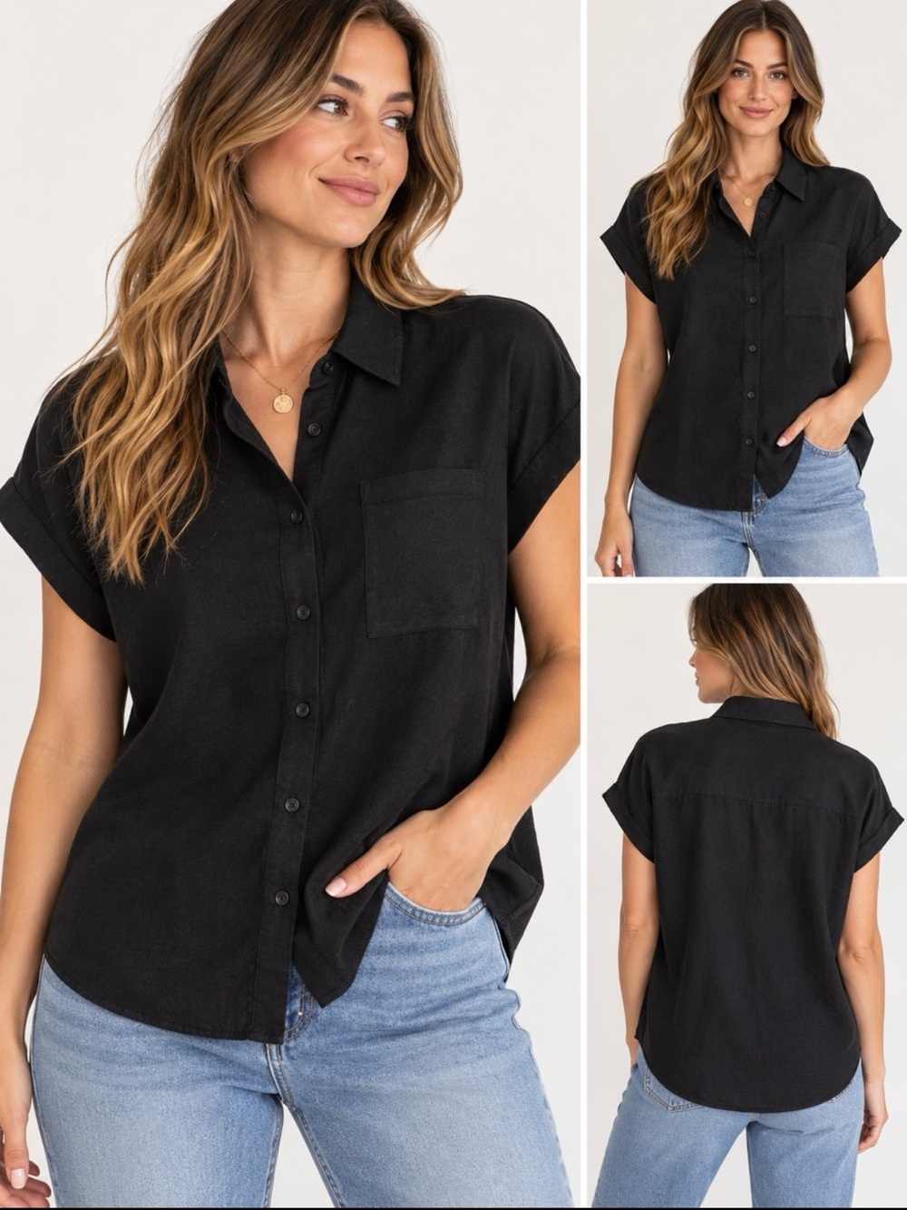 Nine West Jeans Black Short Sleeve Button-Up Shirt Women’s Medium NWT